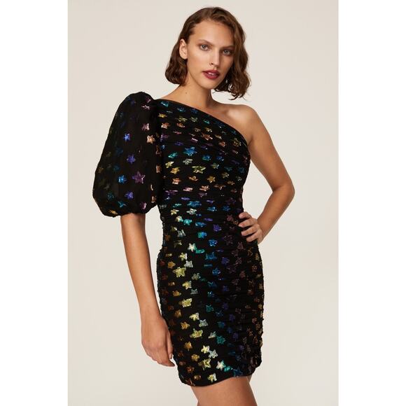 Shoshanna Ronnie Starry Night Black Rainbow Metallic Star One Shoulder Dress  6 - Picture 2 of 16